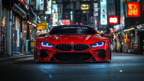 Low-slung red sports car prowls neon-lit city street.
