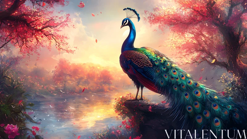 Regal peacock overlooks luminous river at autumn sunrise
