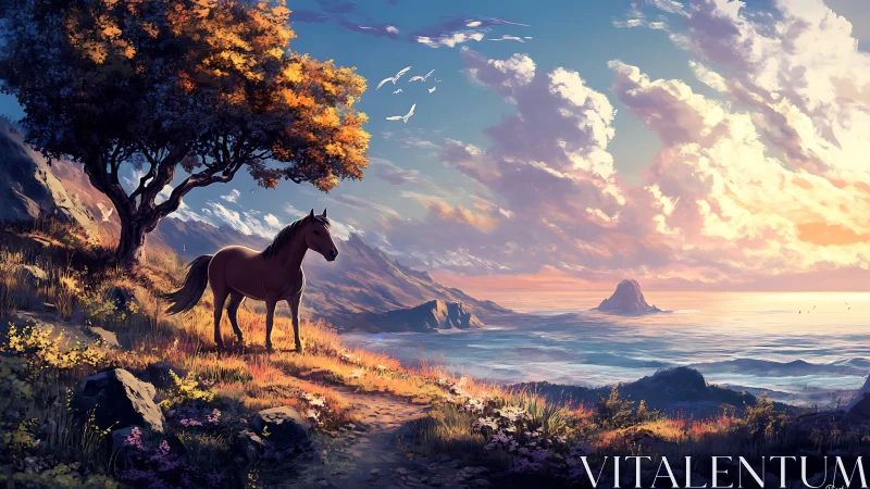 Solitary horse on coastal cliff at vivid sunset seascape.