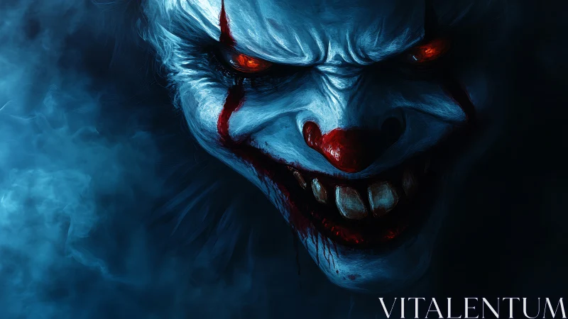 Sinister carnival clown grinning through midnight fog.