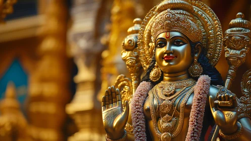 Golden Hindu deity statue with garlands and ornate details.