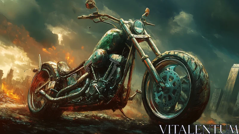 Post apocalyptic chopper motorcycle amid burning ruined city