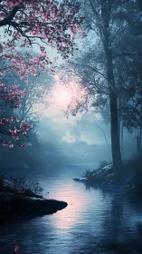 Twilight river corridor with mist diffusion and cool-warm chroma balance