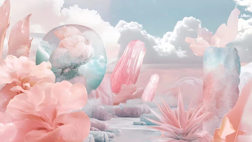 Pastel crystal lagoon with ethereal floral formations.