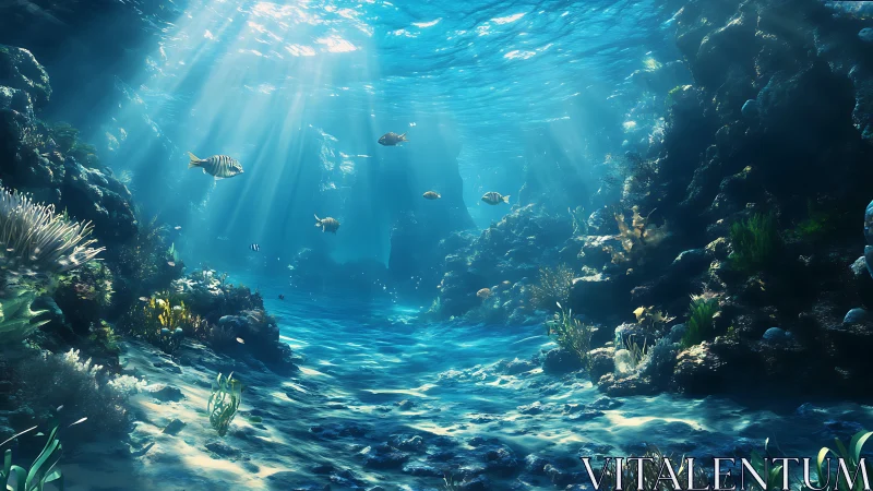 Sunlit coral reef valley with fish in clear blue water.