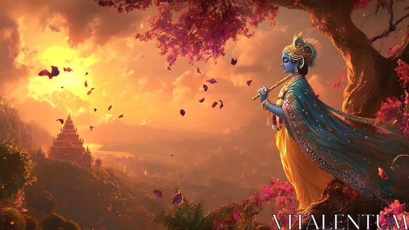 Divine blue figure with flute over golden temple valley at dusk.