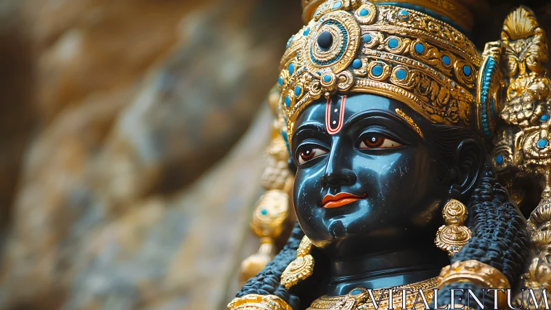 Radiant deity sculpture glowing with gold and serene grace.