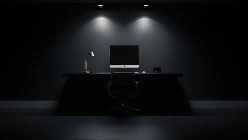Calm minimalist desk setup glowing in a cozy dark room.