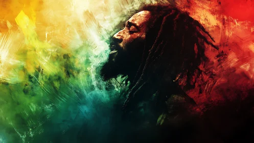 Reggae vocalist profile in expressive tricolor digital brushwork.