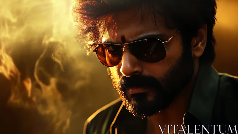 Brooding sunglasses rebel carved in molten sunset fire.