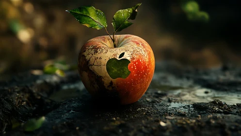 Hybrid apple logo grows from weathered organic fruit shell