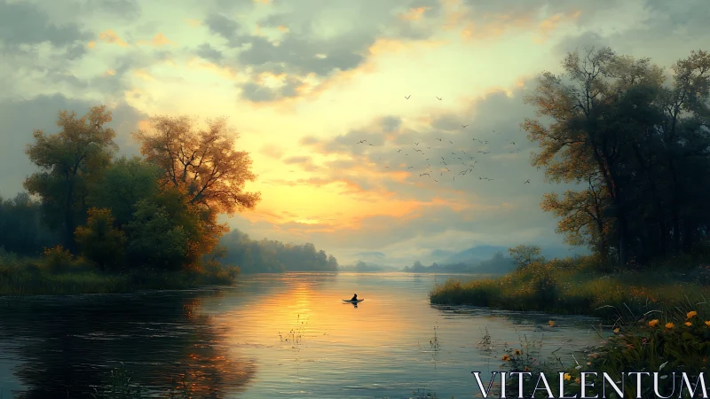 Calm river landscape with lone boat at soft sunset light.