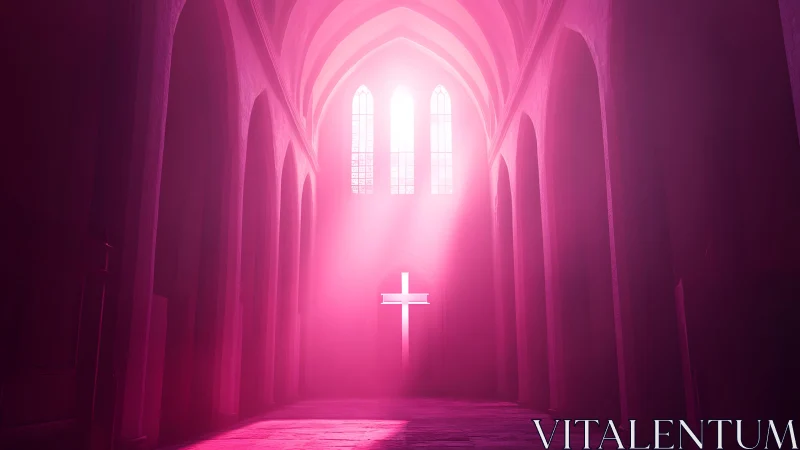 Radiant cross illuminated in gothic cathedral with pink light.