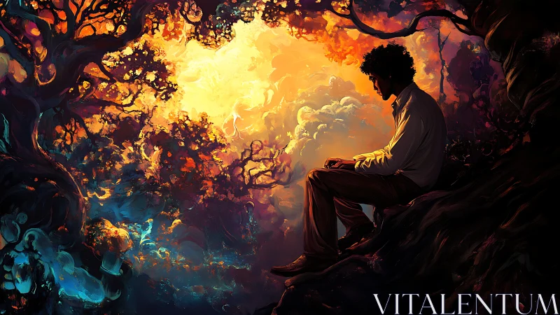 Solitary figure sits at forest edge before luminous sky