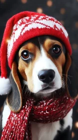 Beagle dog wearing red winter hat and scarf portrait.
