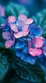 Hydrangea Petals Suspended in Water Droplets Against Teal Bokeh.