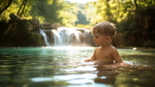 Child bathing in emerald pool beneath cascading waterfall in sunlit forest.