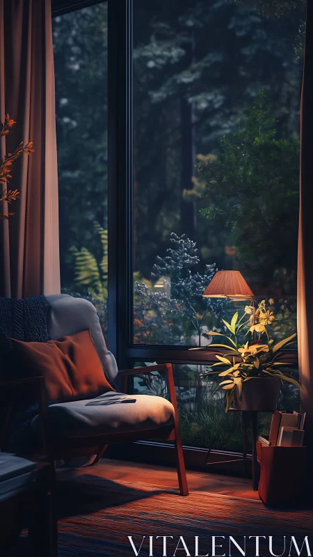 Cozy reading nook by lamplit window overlooking twilight garden.