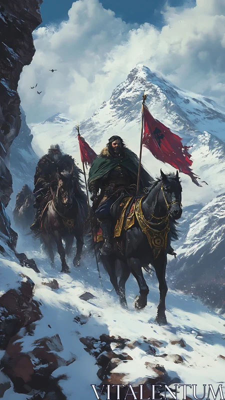 Bold riders carry crimson banners across icy mountain pass