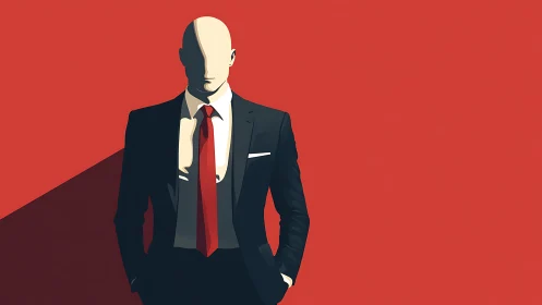 Sharp-suited faceless figure against bold red backdrop.
