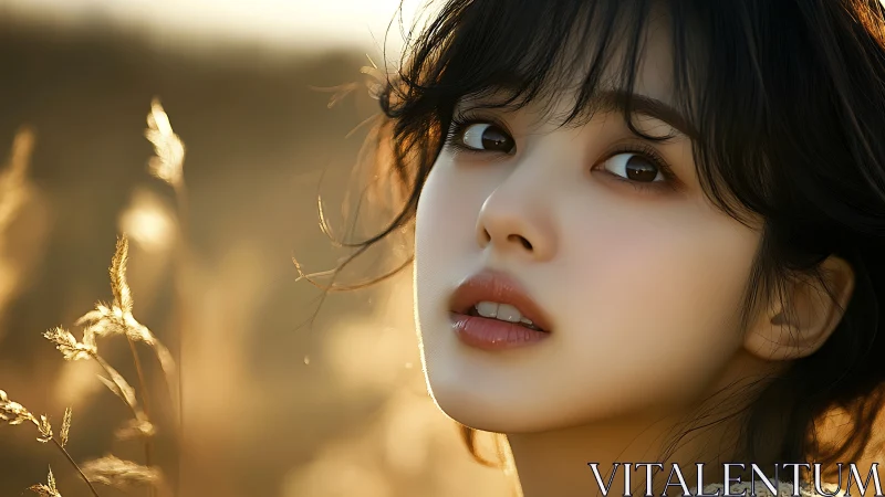 Golden hour close-up portrait in soft backlit grass field