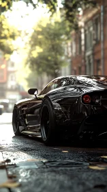 Low-slung black supercar on wet city street at sunrise.