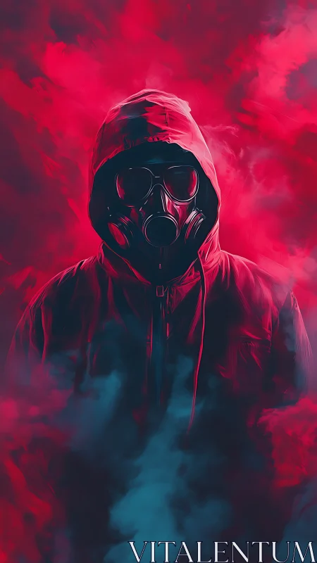 Hooded wanderer in neon smoke, wrapped in moody mystery.