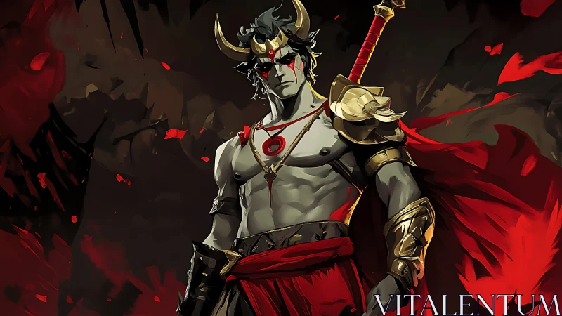 Brooding horned warrior wrapped in ember-red shadows.