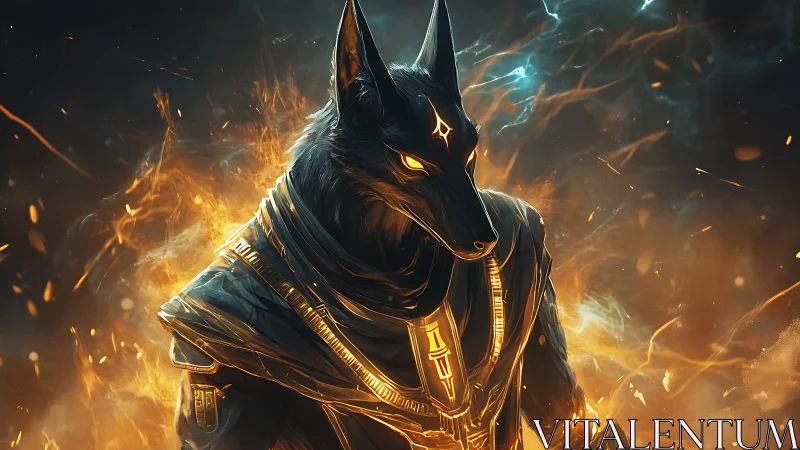 Mythic jackal guardian in radiant cyber-fantasy armor.