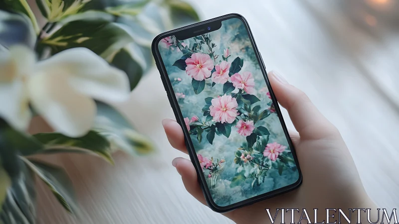 Hand holding smartphone displaying floral pink flower wallpaper.