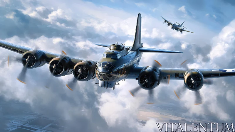 WWII four engine bomber aircraft in high altitude flight.