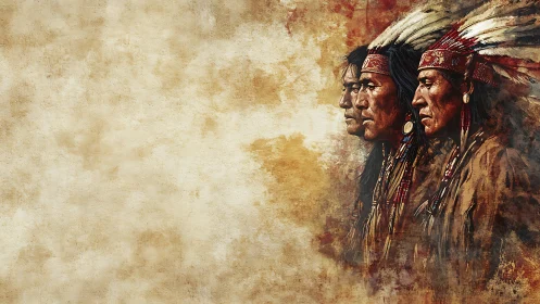 Tribal leaders gaze forward against textured earth backdrop.