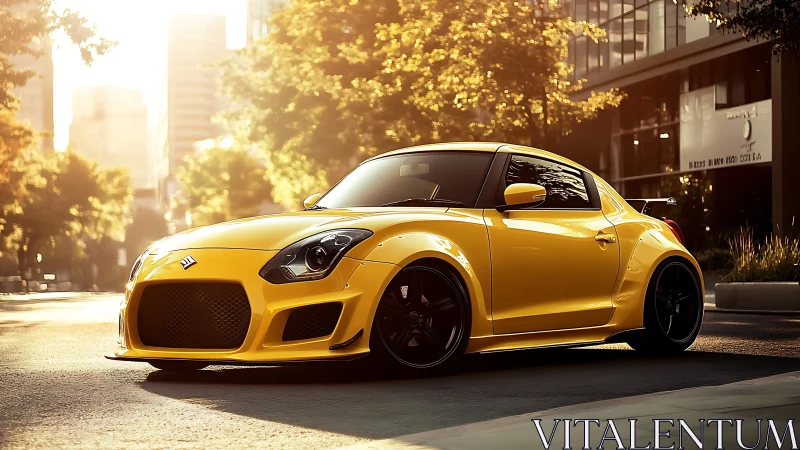 Sunlit urban sprint: yellow tuner coupe prowls the street.
