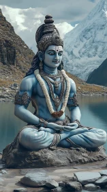 Serene Himalayan deity in blue meditative mountain stillness.