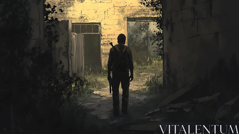 Solitary survivor in backlit overgrown concrete corridor