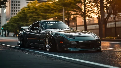 Modified black sports car rests low on empty city street