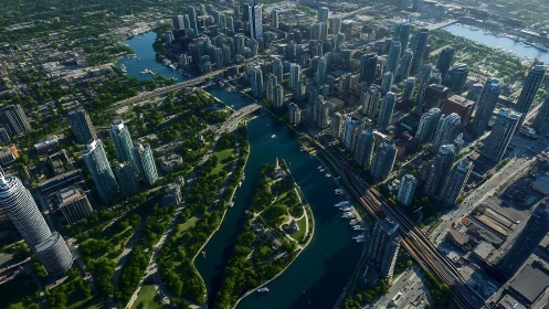 Urban waterfront skyline with dense high-rises and green corridor.