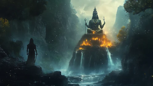 Mystic mountain temple glows beneath a towering deity statue