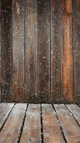 Weathered vertical wood planks with oblique snowy floor plane