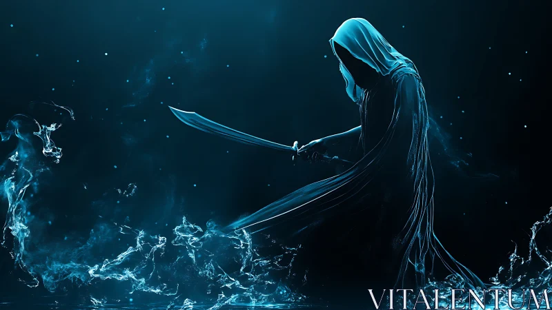 Hooded spectral warrior with glowing sword in blue mist.