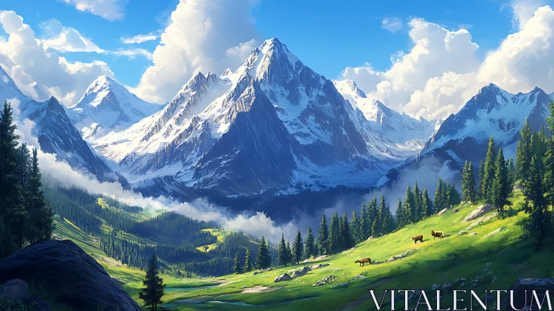 Snow-covered mountain range above alpine meadow with cattle.