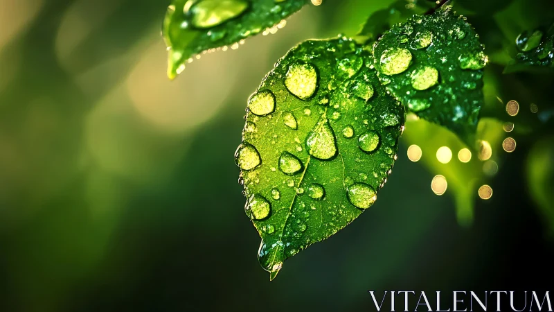 Morning dew sparkling gently on fresh green leaves.