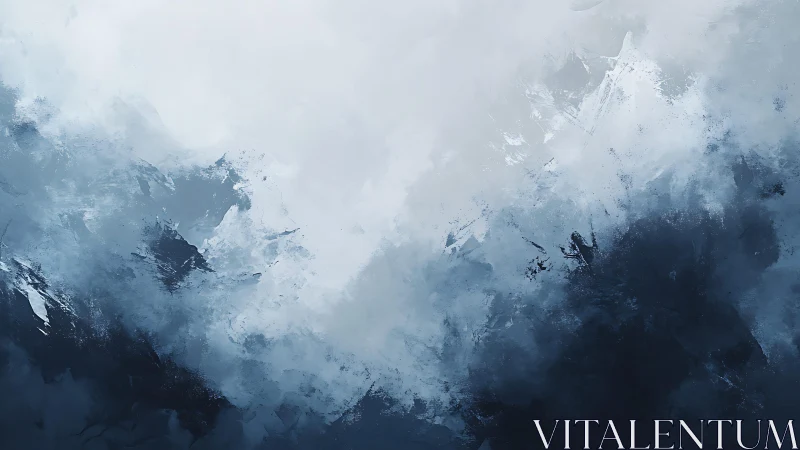 Abstract misty mountain landscape in cool blue and white tones.