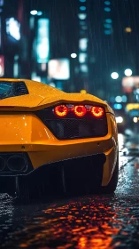 Yellow supercar rear in rain-soaked neon city street at night