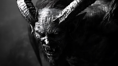 Tormented horned fiend in stark monochrome chiaroscuro.
