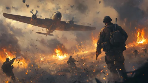 Wartime soldiers advance under a roaring low-flying bomber