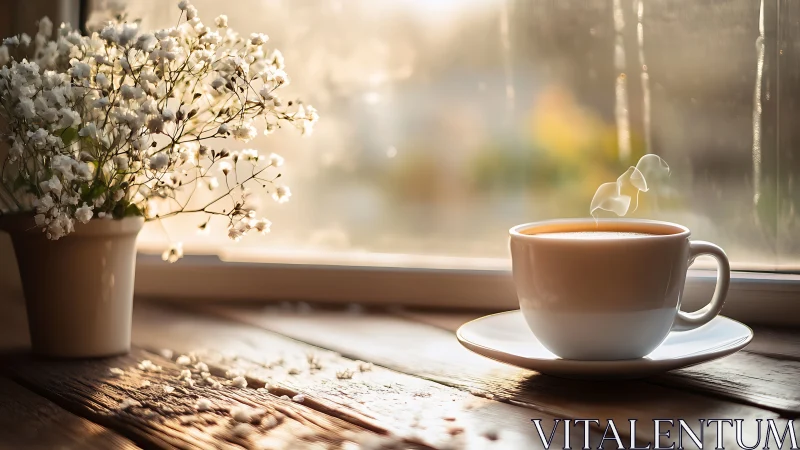 Cozy morning coffee by the window with gentle flowers.
