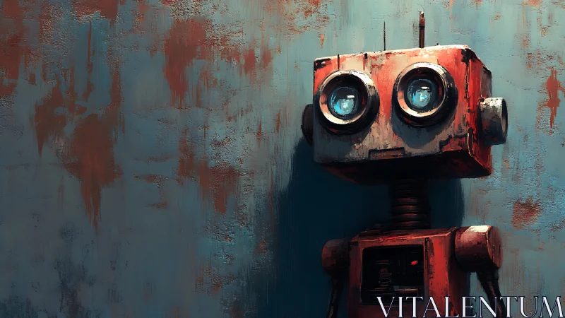 Rusty red robot gazes ahead against a weathered teal wall