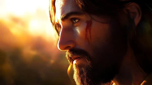 Wounded man’s contemplative profile in golden sunset light.