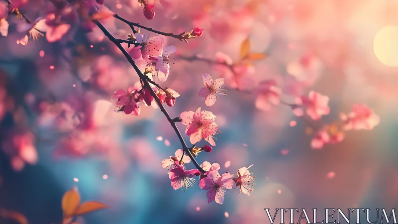 Cherry Blossom Branch with Bokeh Depth of Field and Warm Color Grading